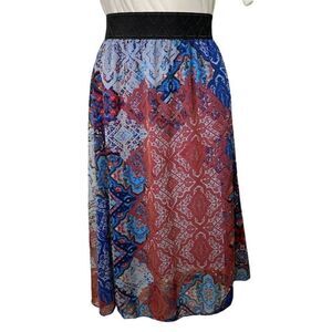LuLaRoe Lola Blue Rust Pull‎ On A Line Midi Skirt Sz Small